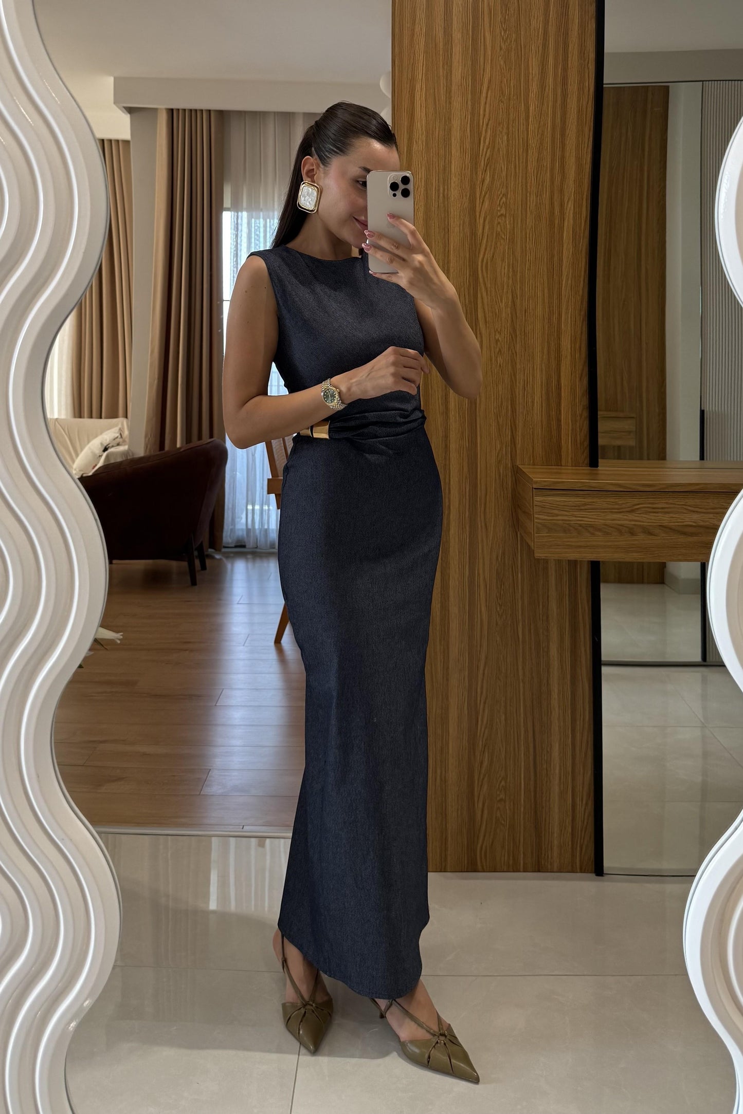 Zaina Lacivert Beli Büzgü Detaylı Denim Elbise