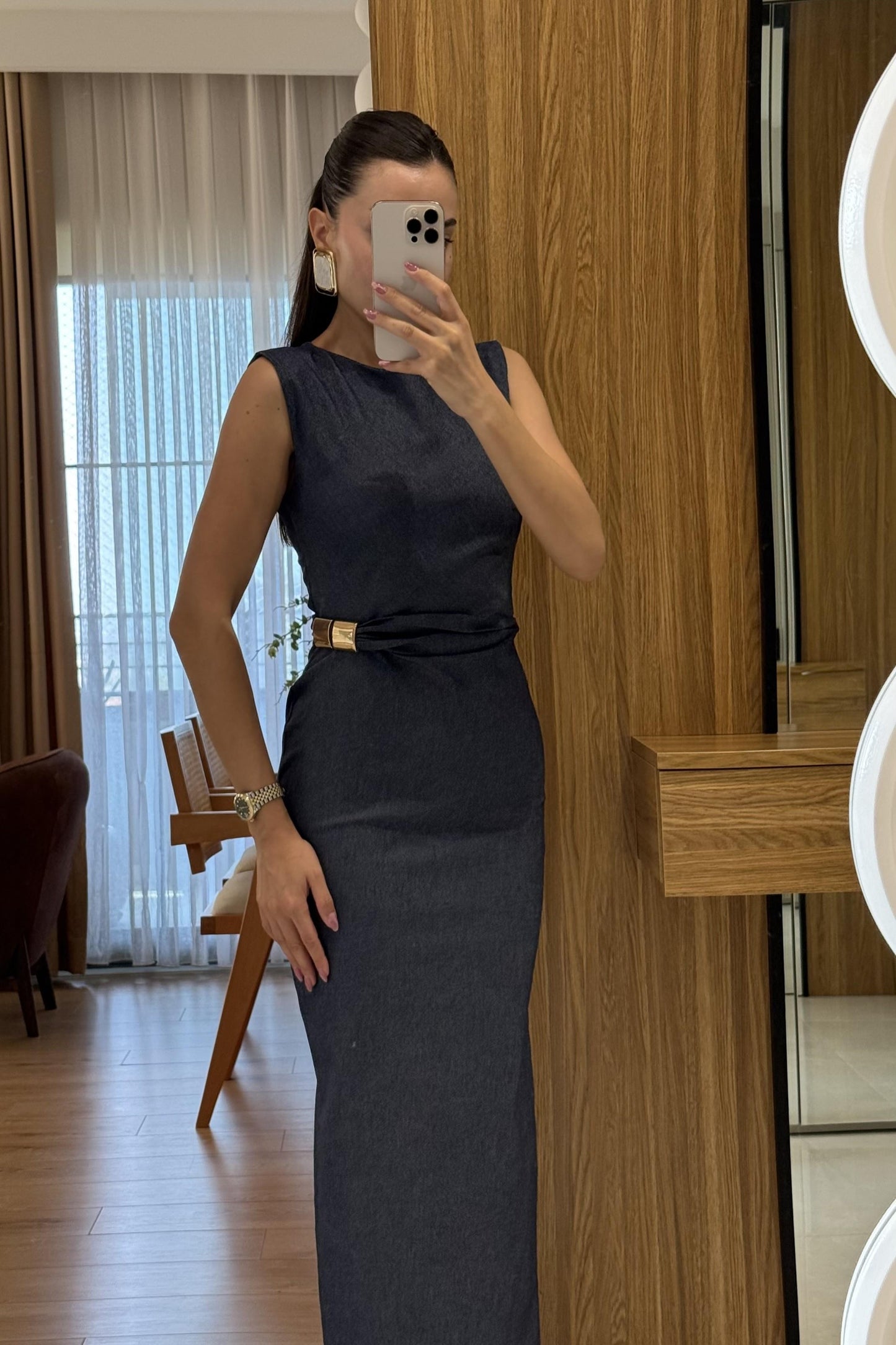 Zaina Lacivert Beli Büzgü Detaylı Denim Elbise