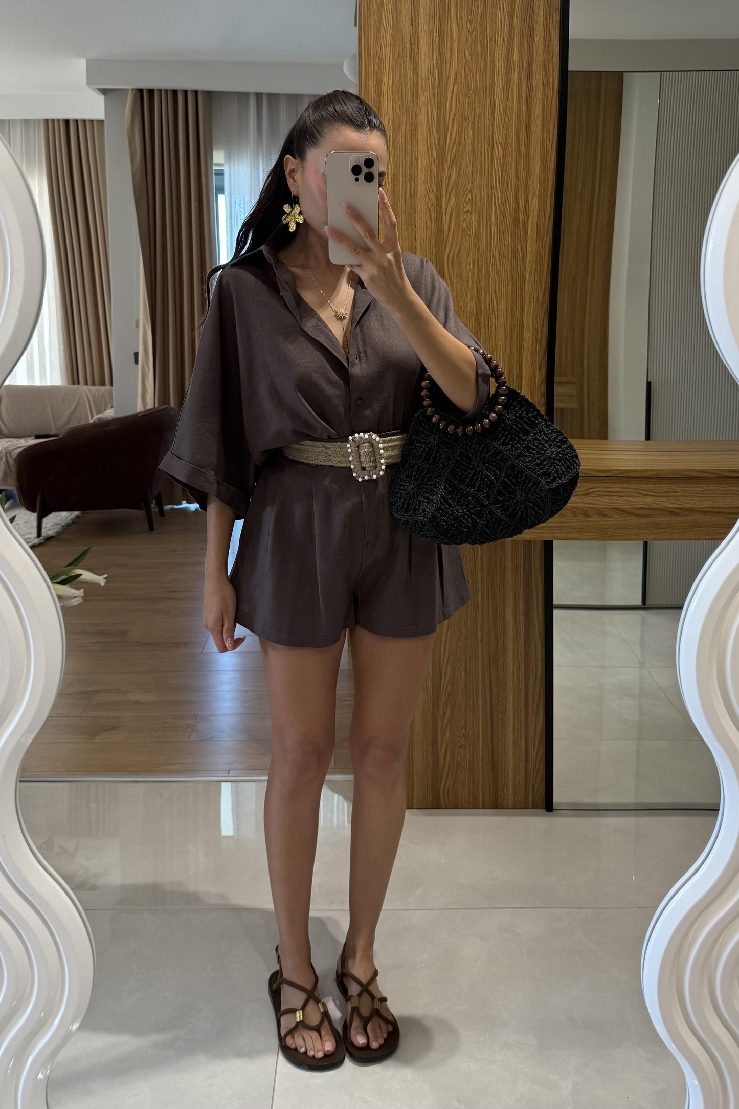 Zavina Kahve Kemerli Ham Keten Takım