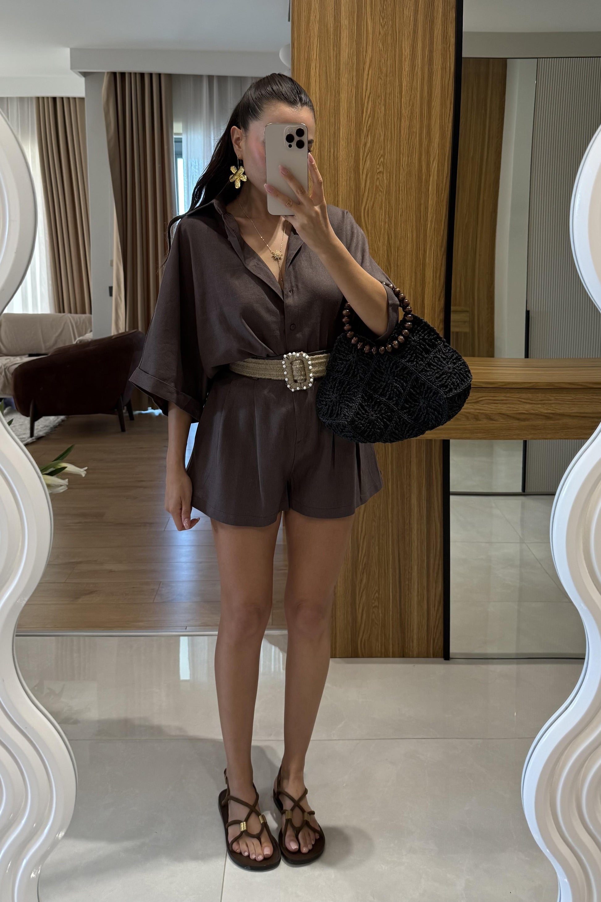 Zavina Kahve Kemerli Ham Keten Takım