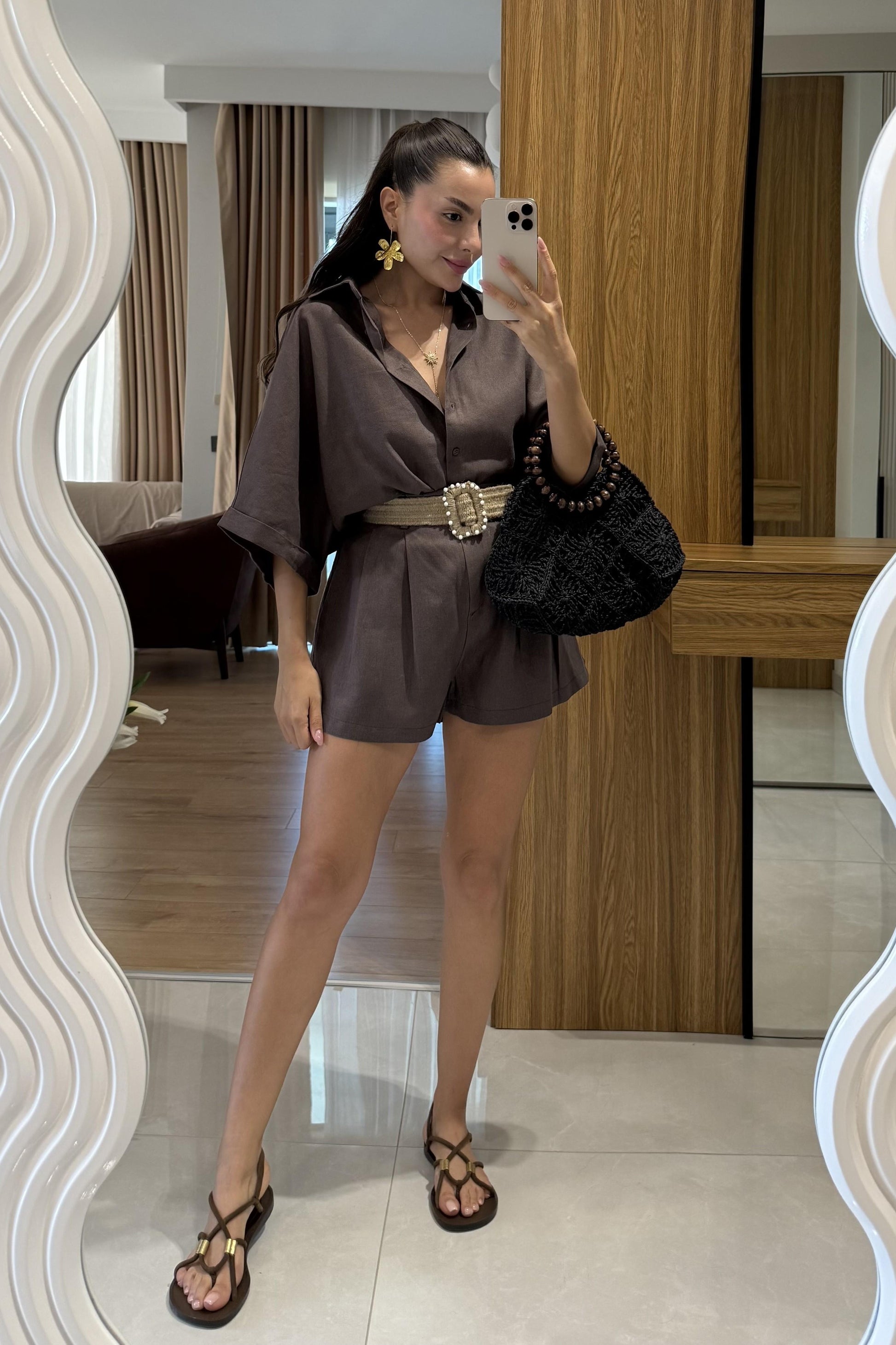 Zavina Kahve Kemerli Ham Keten Takım