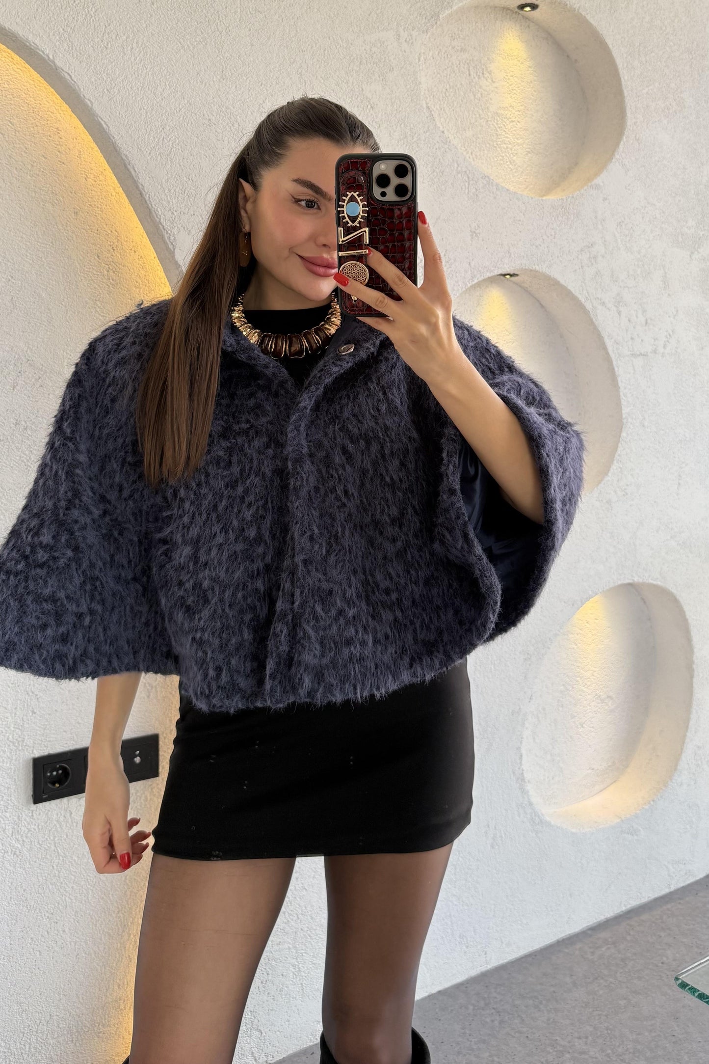 Zeland Petrol Mavi Keçe Kısa Panço