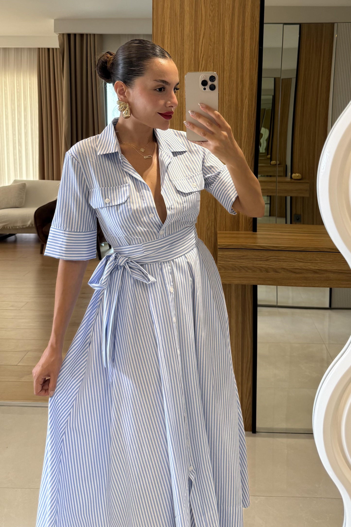Zelinda Mavi Çizgili Gömlek Yaka Uzun Elbise