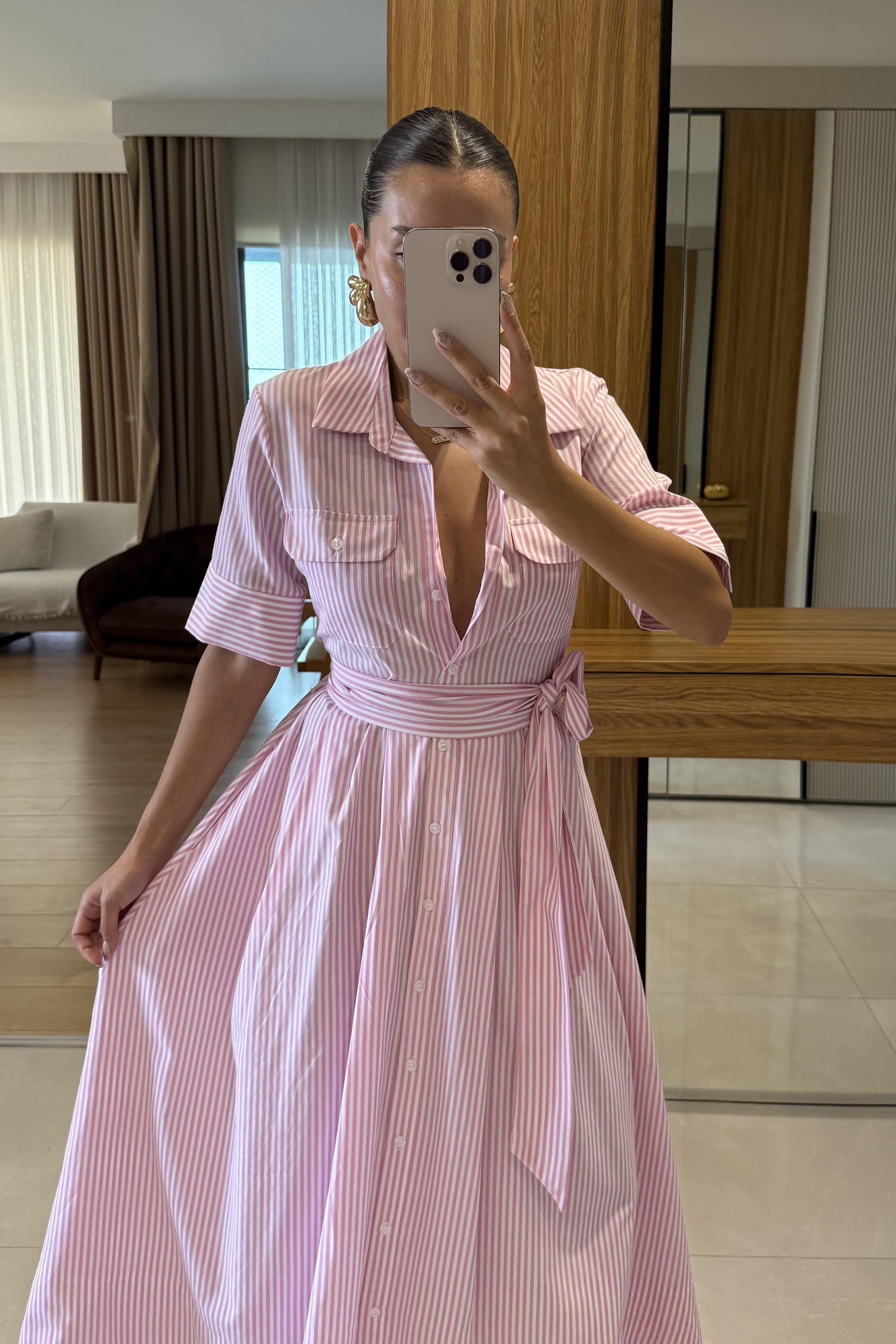 Zelinda Pembe Çizgili Gömlek Yaka Uzun Elbise