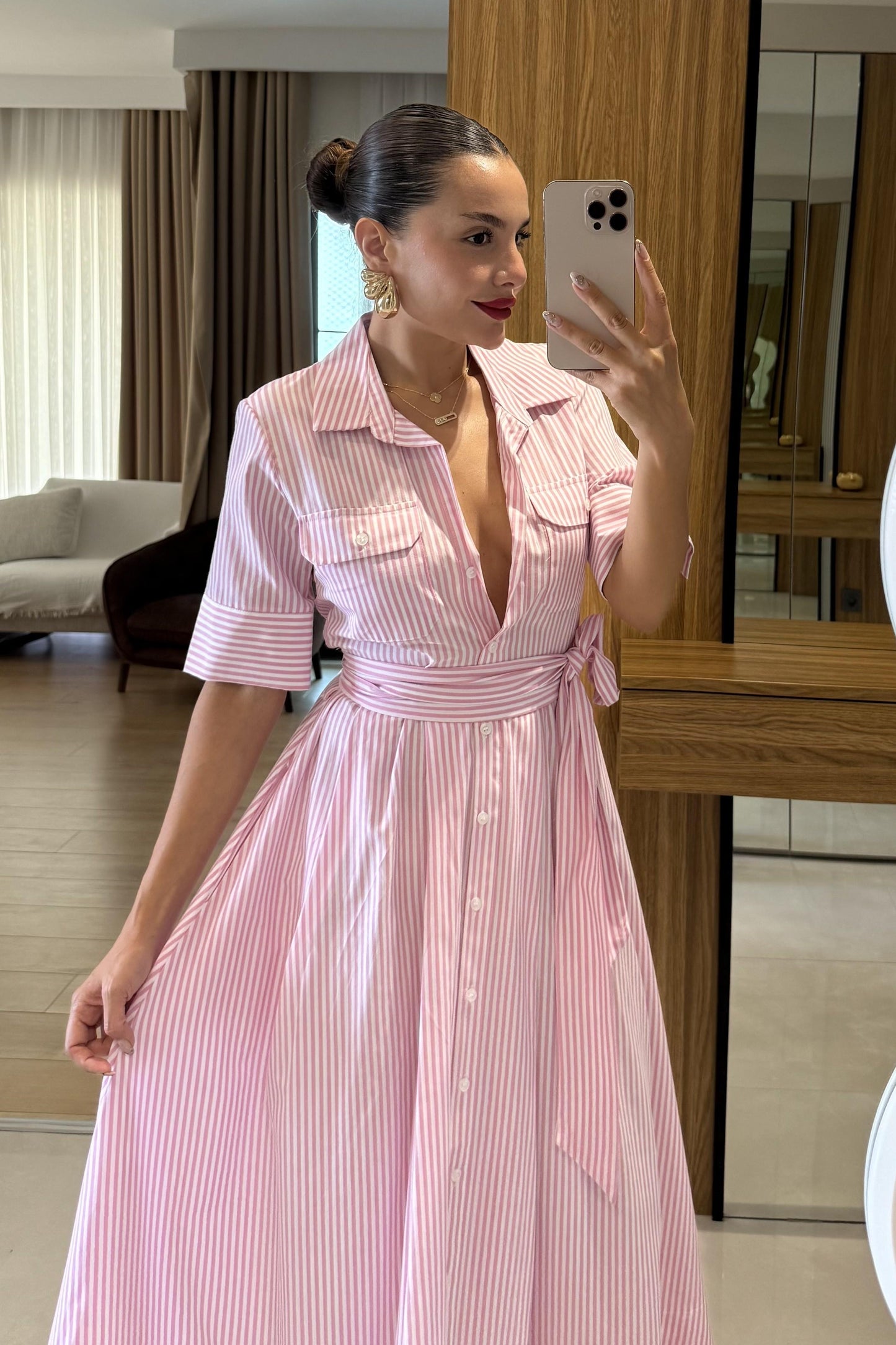 Zelinda Pembe Çizgili Gömlek Yaka Uzun Elbise