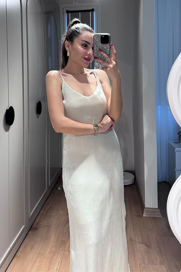 Zhan Parlak Dokulu Elbise - Krem