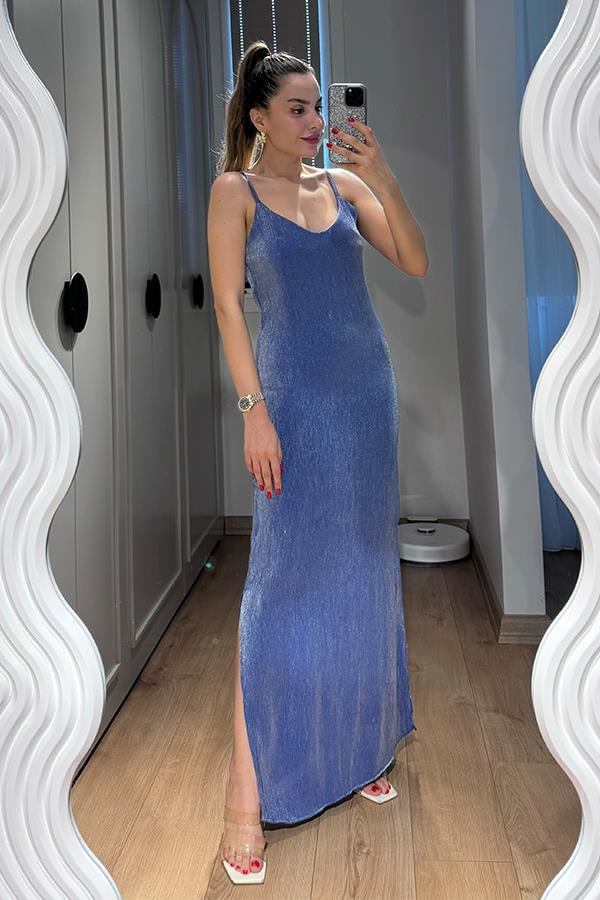 Zhan Parlak Dokulu Elbise - Mavi