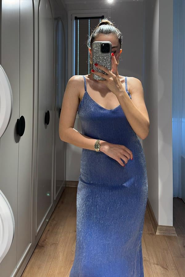 Zhan Parlak Dokulu Elbise - Mavi