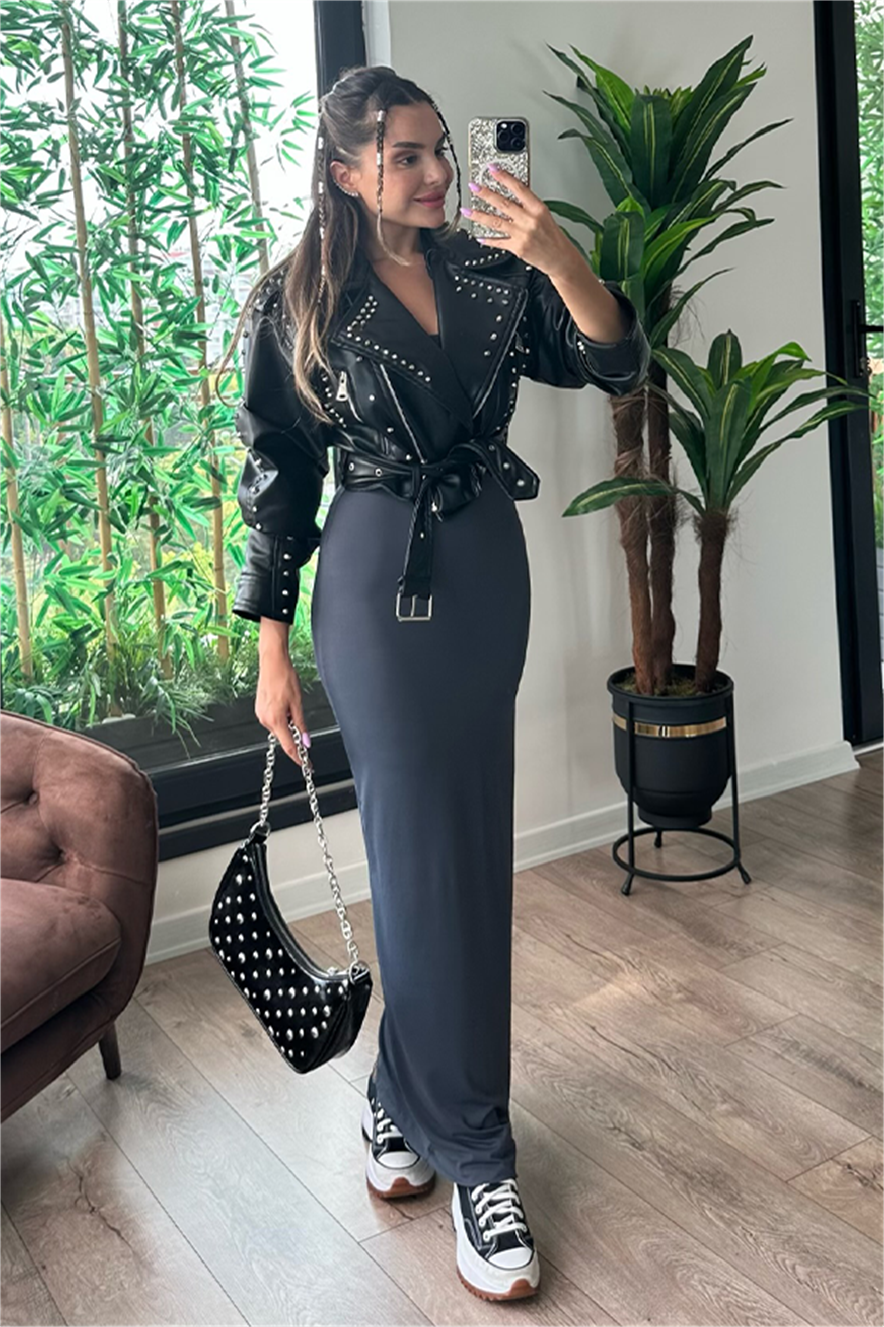 Zımba detaylı tasarım deri ceket