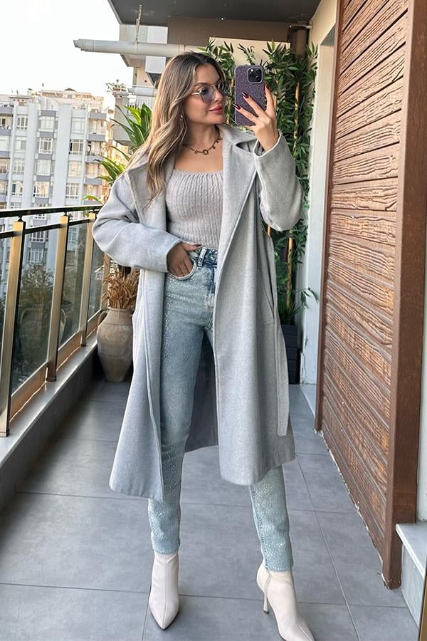 Zoe Yakalı Gri Kaban