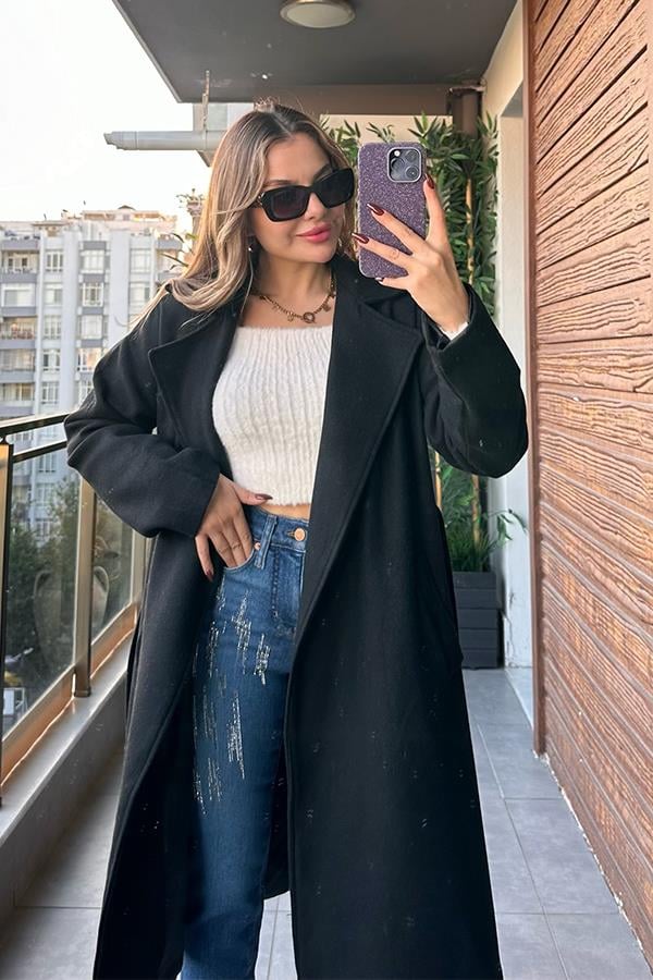 Zoe Yakalı Siyah Kaban