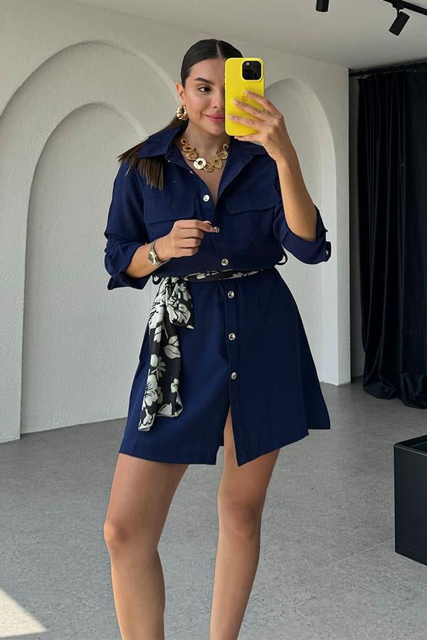 Zoey Kuşaklı Gömlek Elbise-Lacivert