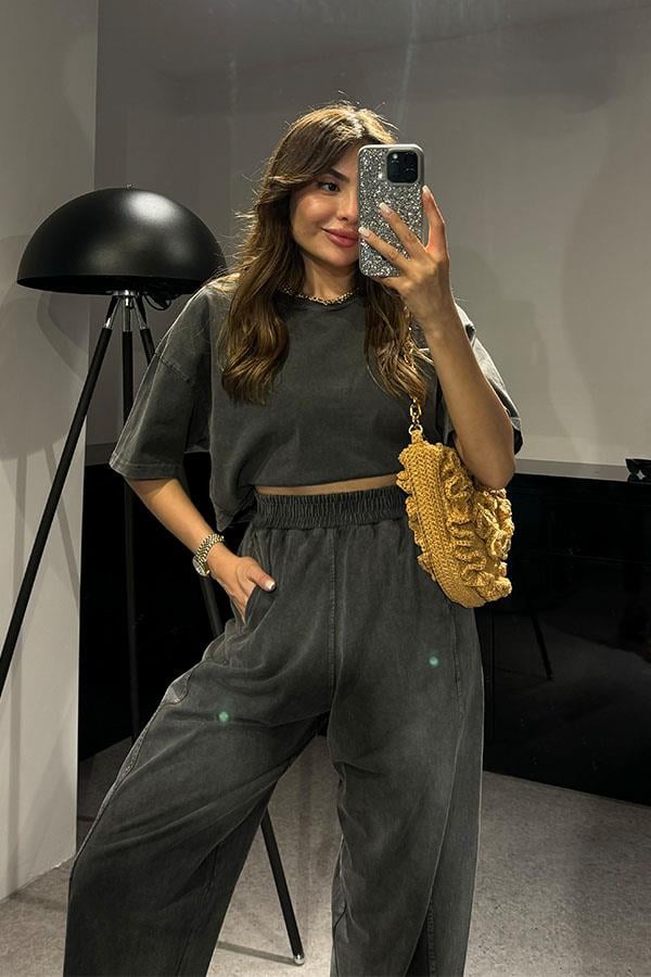 Zofia Şalvar Tshirt Yıkama Takım-Füme