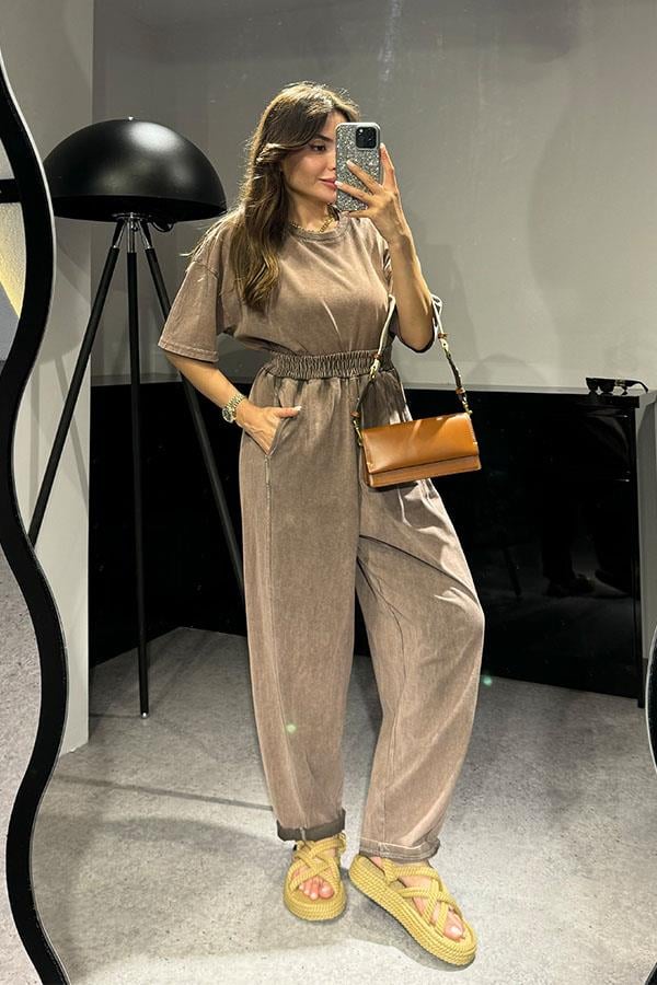 Zofia Şalvar Tshirt Yıkama Takım-Kahve