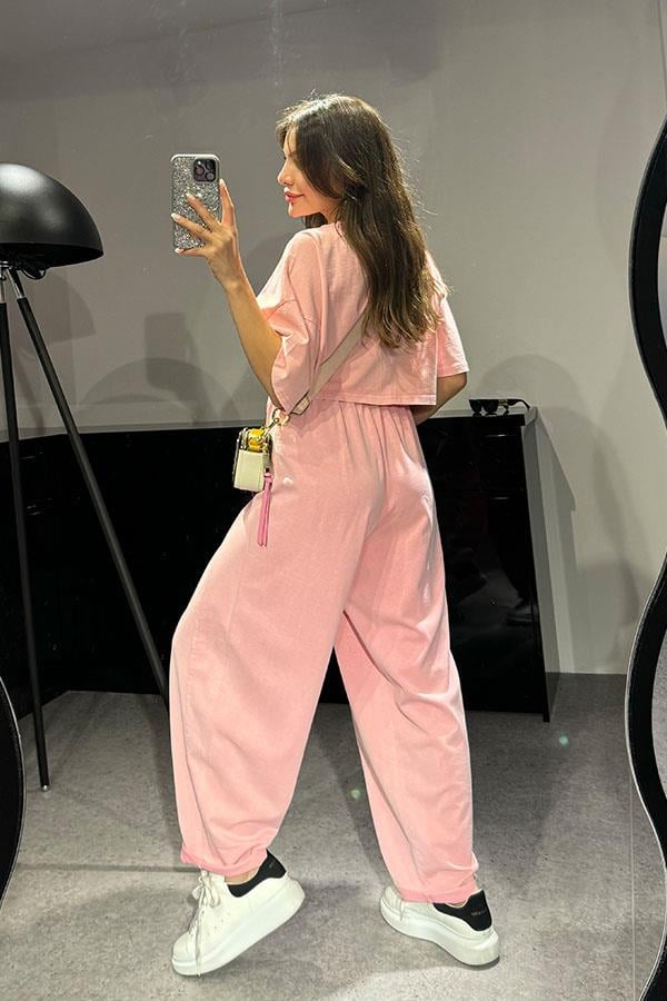 Zofia Şalvar Tshirt Yıkama Takım-Pembe