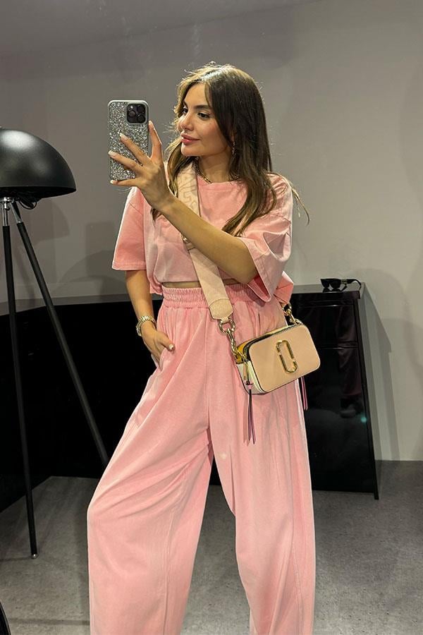 Zofia Şalvar Tshirt Yıkama Takım-Pembe