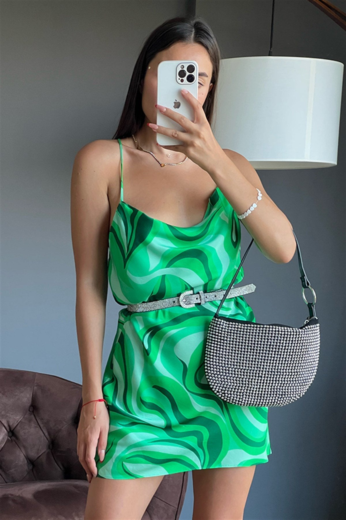 Zr model yeşil dalga desenli elbise