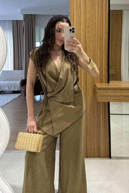 Aborre Haki Keten Kimono Yelekli Takım
