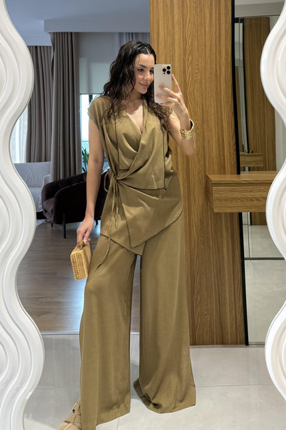 Aborre Haki Keten Kimono Yelekli Takım