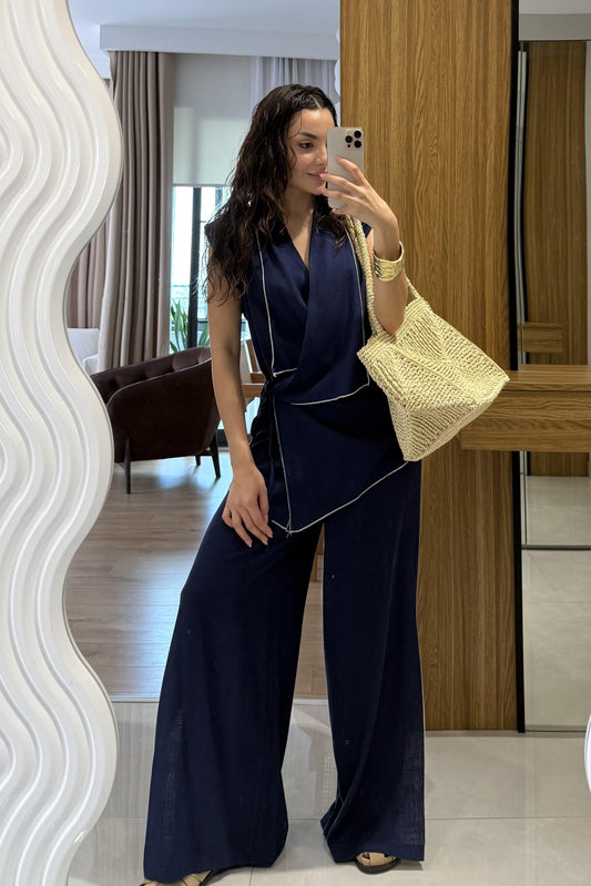 Aborre Lacivert Keten Kimono Yelekli Takım