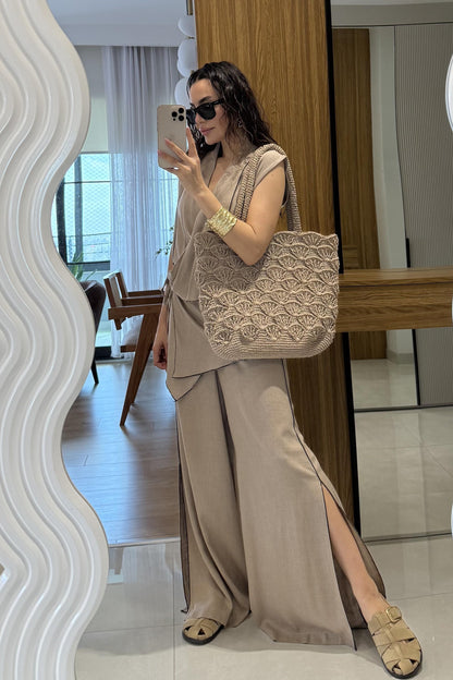 Aborre Vizon Keten Kimono Yelekli Takım