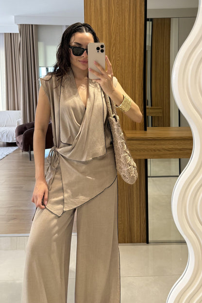 Aborre Vizon Keten Kimono Yelekli Takım