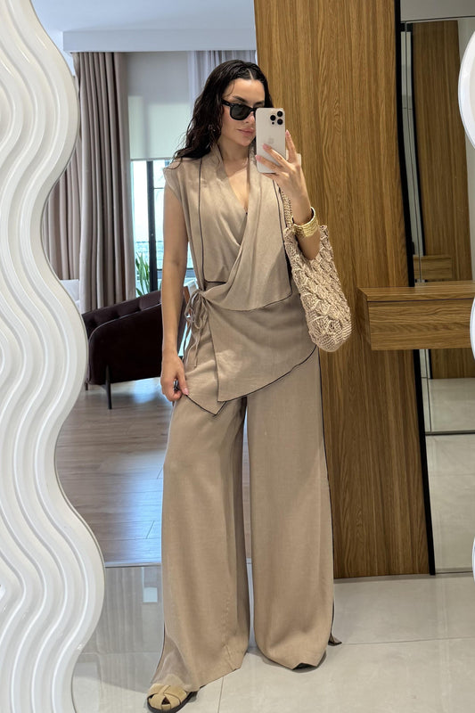 Aborre Vizon Keten Kimono Yelekli Takım