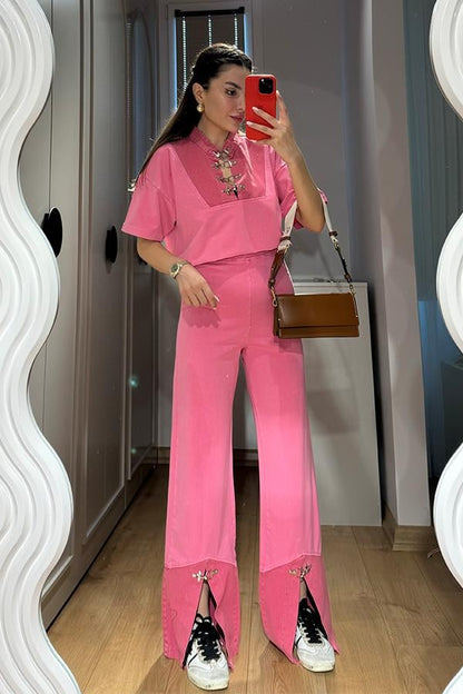 Adias Yakası Aksesuarlı Yıkama Takım - Pembe