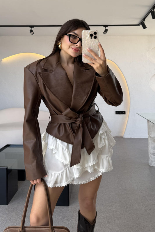 Adios Vatkalı Bağlamalı Tasarım Deri Ceket