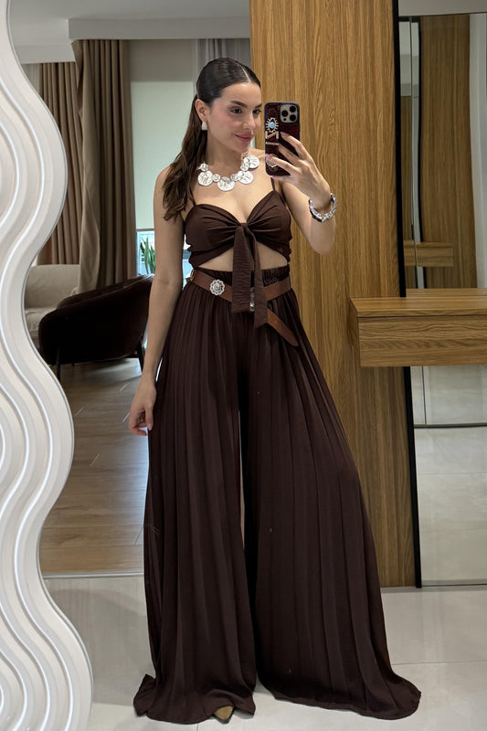 Agnes Kahve Crop Pantolon Takım