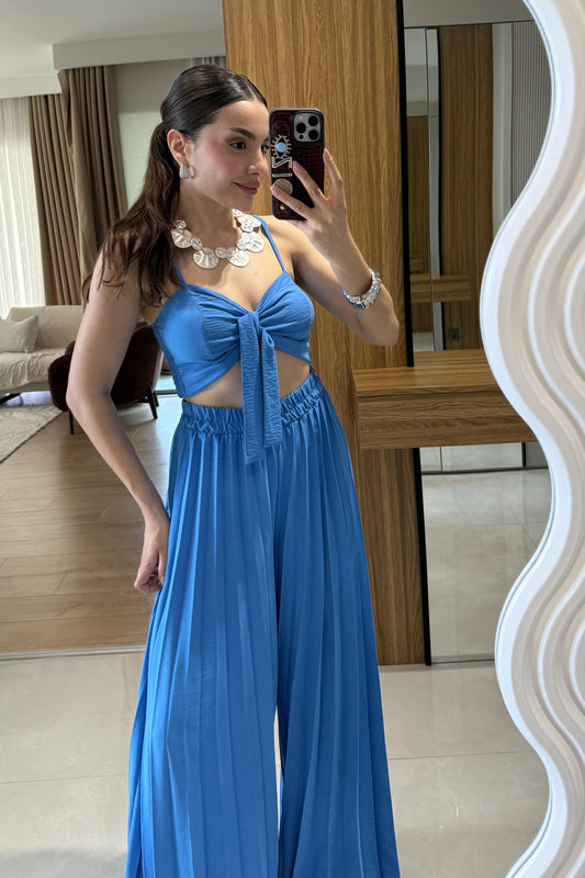Agnes Mavi Crop Pantolon Takım