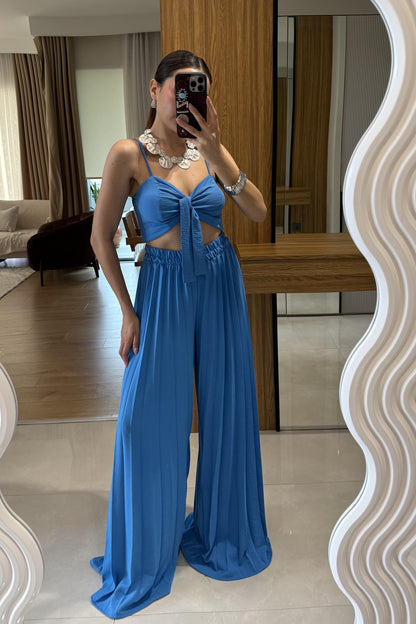 Agnes Mavi Crop Pantolon Takım