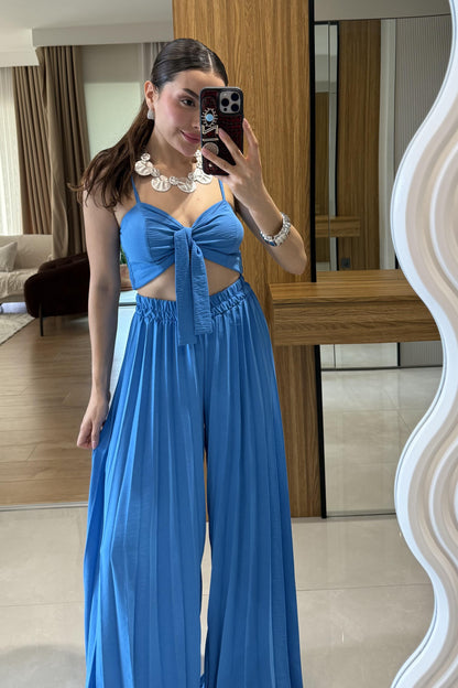 Agnes Mavi Crop Pantolon Takım