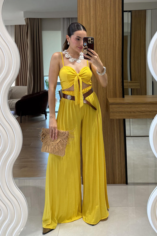 Agnes Sarı Crop Pantolon Takım