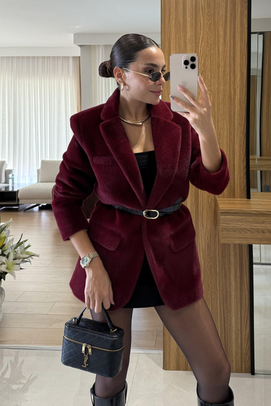 Aisha Bordo Dokulu Premium Kemerli Blazer