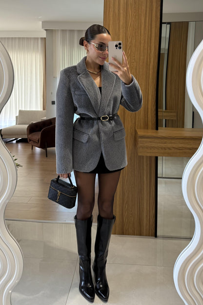 Aisha Gri Dokulu Premium Kemerli Blazer