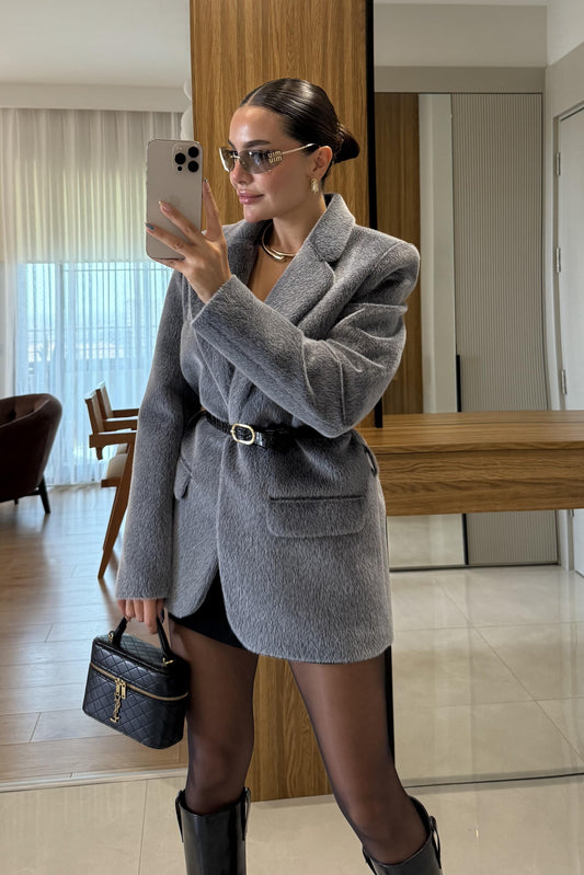 Aisha Gri Dokulu Premium Kemerli Blazer