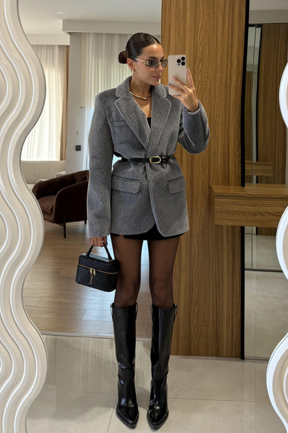Aisha Gri Dokulu Premium Kemerli Blazer