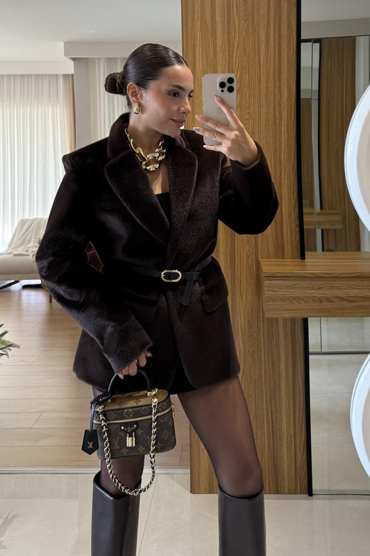 Aisha Kahve Dokulu Premium Kemerli Blazer