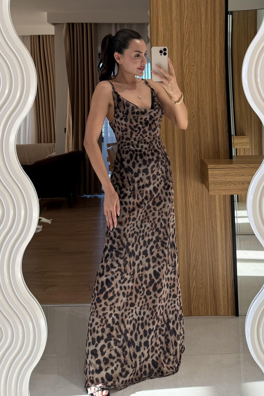 Albina Astarlı Tül Leopar Uzun Elbise