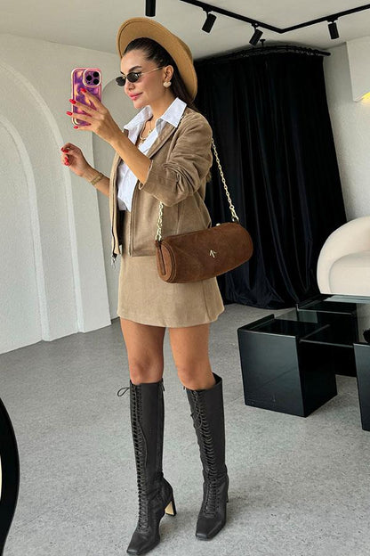 Elessi Süet Ceket Etek Camel Takım