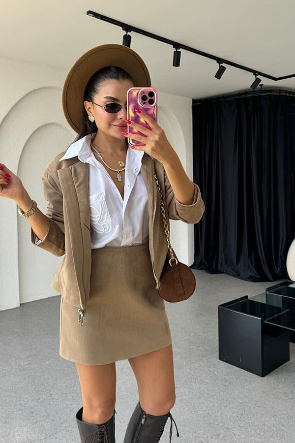 Elessi Süet Ceket Etek Camel Takım