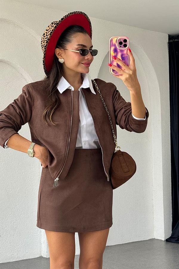 Elessi Süet Ceket Etek Kahve Takım