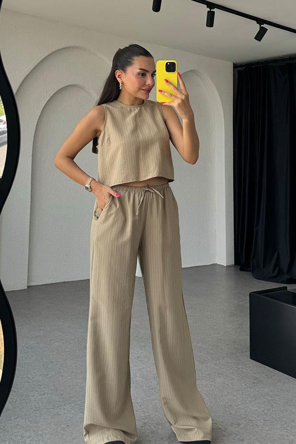 Aliza Bağlamalı Çizgili Tensel Takım-Camel