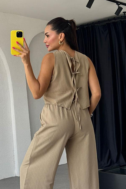 Aliza Bağlamalı Çizgili Tensel Takım-Camel