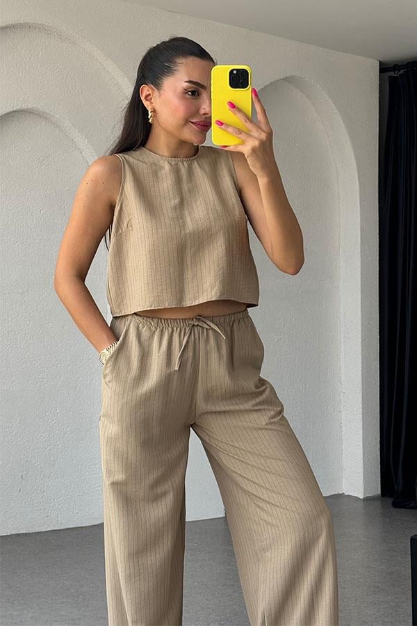 Aliza Bağlamalı Çizgili Tensel Takım-Camel