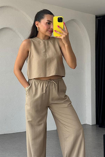 Aliza Bağlamalı Çizgili Tensel Takım-Camel