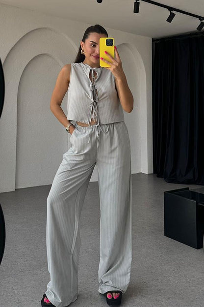 Aliza Bağlamalı Çizgili Tensel Takım-Gri