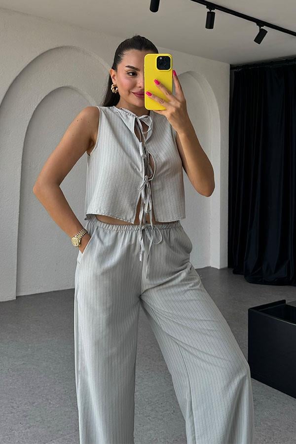 Aliza Bağlamalı Çizgili Tensel Takım-Gri