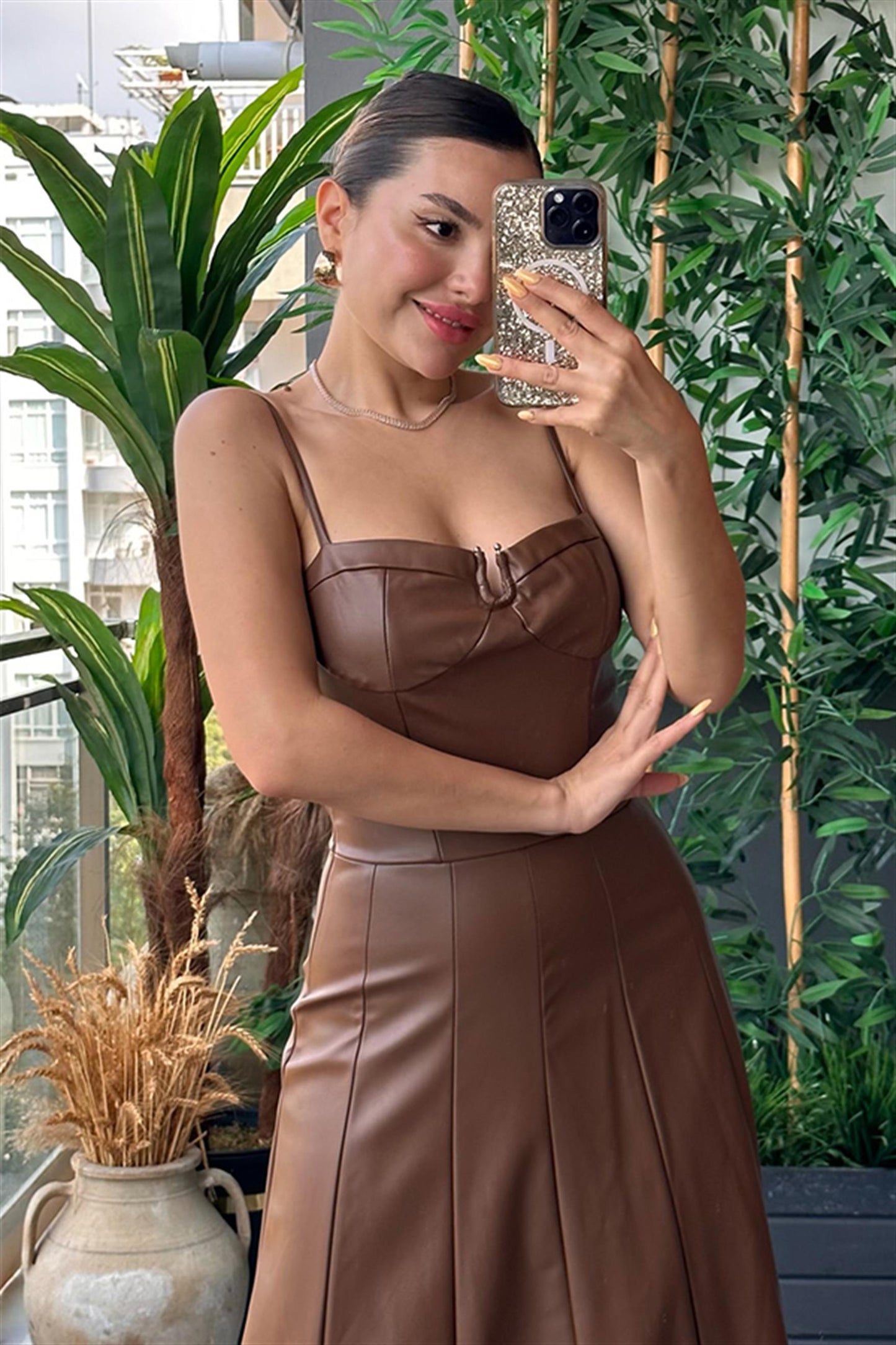 Aloha Kahve Deri Maxi Elbise